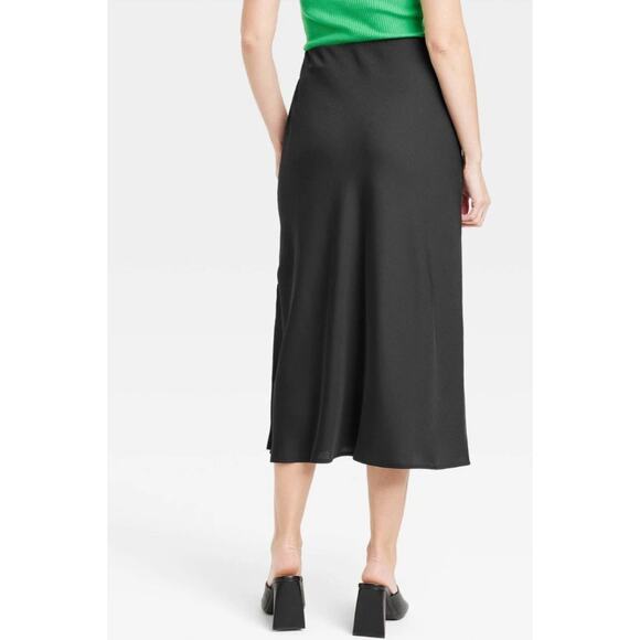 A New Day Women’s Black A-Line Satin Feel Slip Midi Skirt Elastic Waist Large - Picture 3 of 9